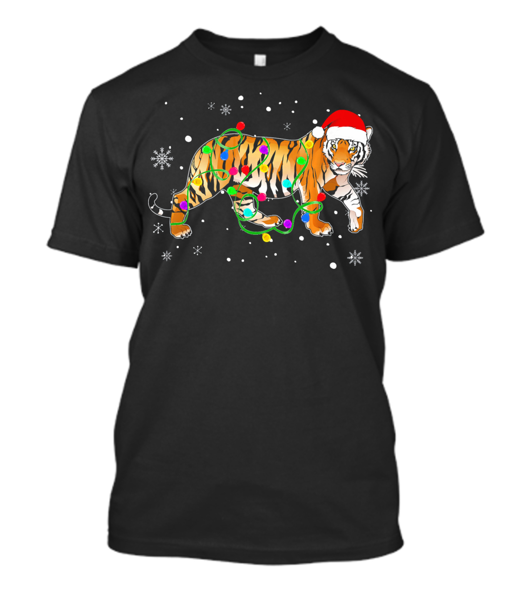 Tiger Wrapped In Christmas Lights With Santa Hat And Snowflakes T-Shirt