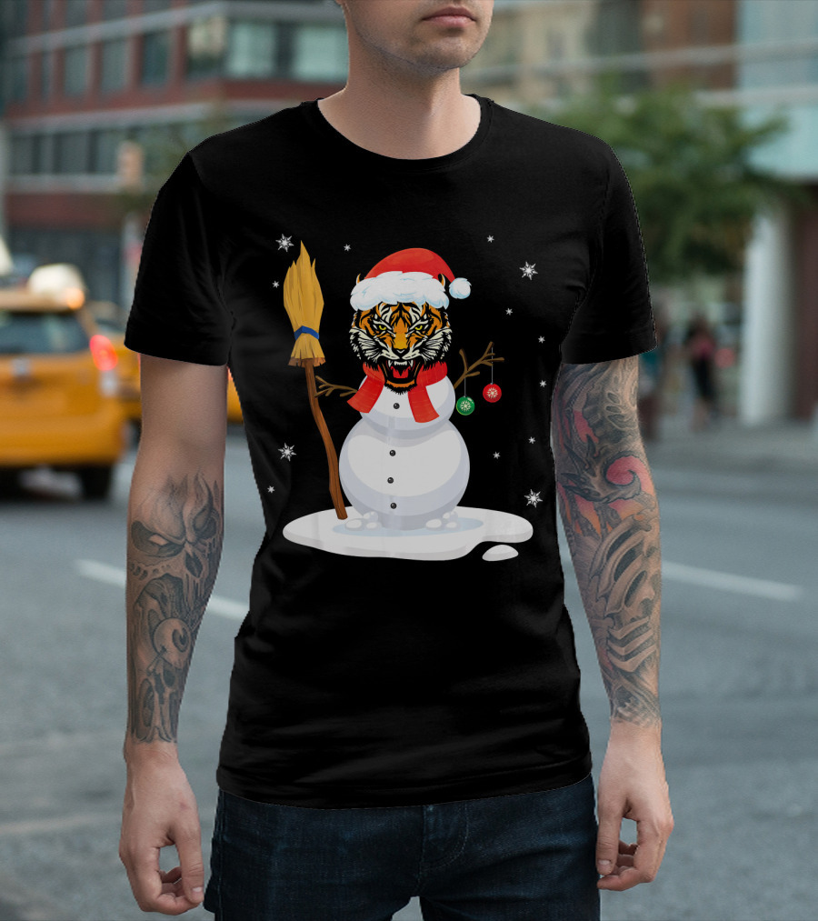 Tiger Snowman Christmas Costume with Broom and Ornaments T-Shirt