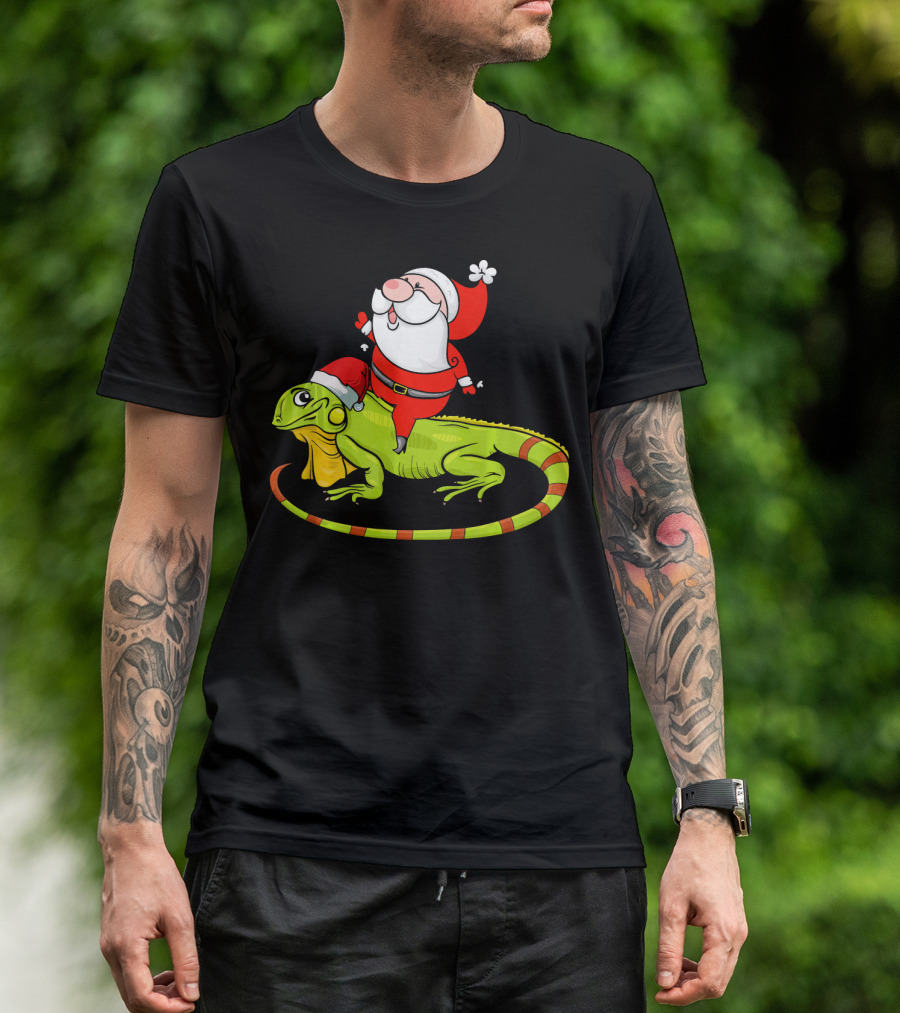 Santa Claus Riding Iguana Xmas Igua Festive Holiday Ride T-Shirt