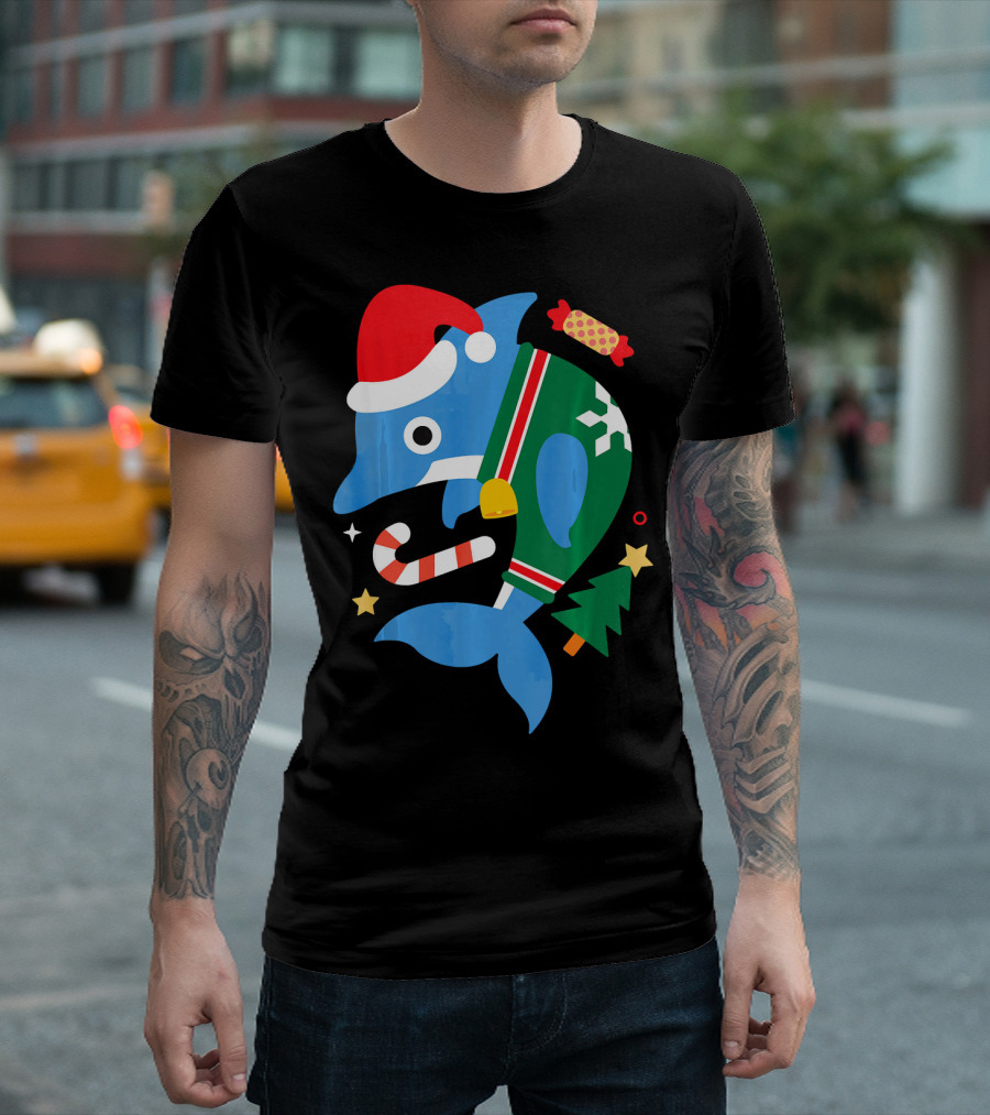 Santa Dolphin Funny Cute Girl Holiday Christmas Elements T-Shirt
