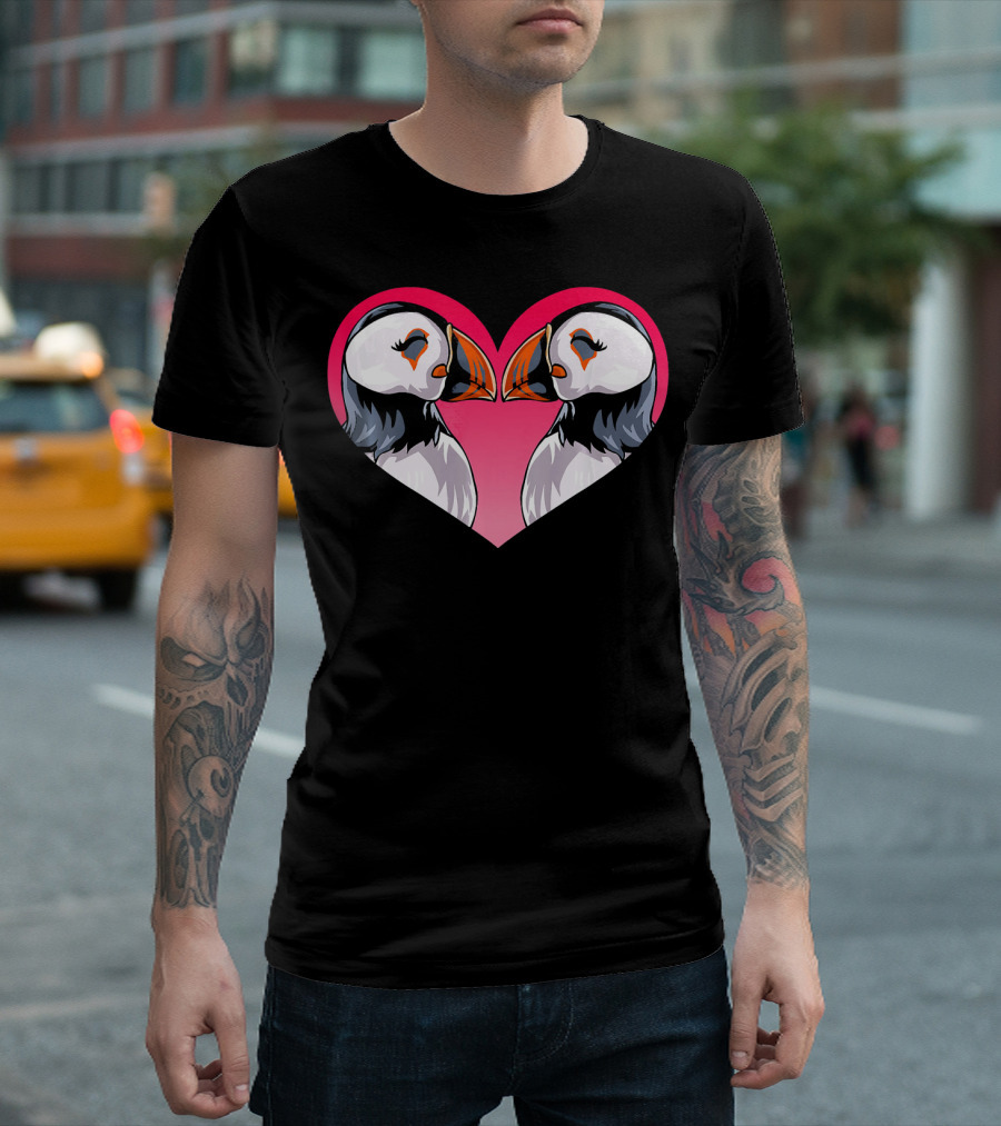 Valentines Day Puffin Birds Love Heart T-Shirt