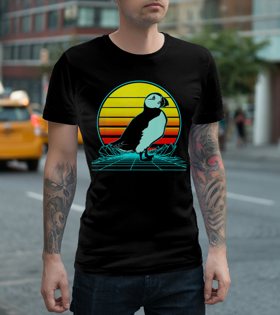 Retro Puffin Neon Synthwave Sunset Horizon T-Shirt