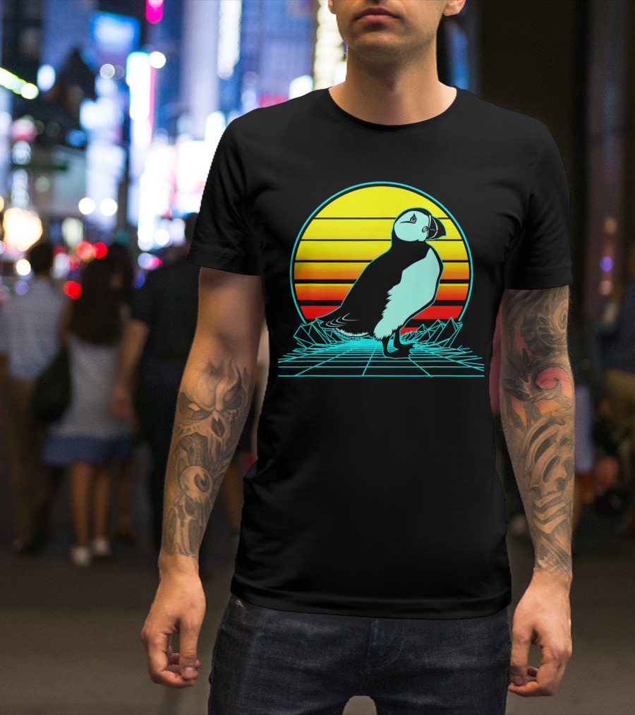 Retro Puffin Neon Synthwave Sunset Horizon T-Shirt