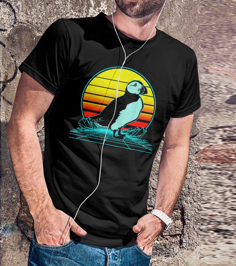 Retro Puffin Neon Synthwave Sunset Horizon T-Shirt