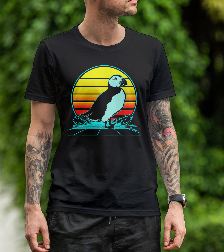 Retro Puffin Neon Synthwave Sunset Horizon T-Shirt