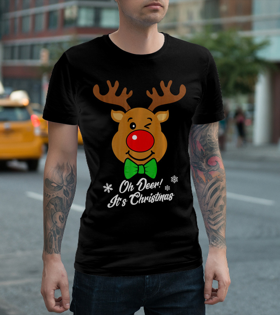 Oh Deer It's Christmas Reindeer With Red Nose And Green Bowtie T-Shirt