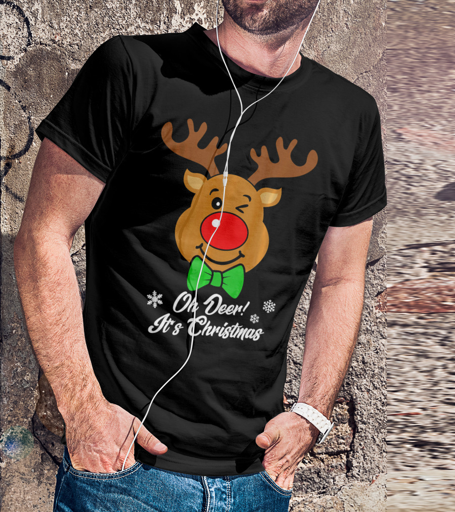 Oh Deer It's Christmas Reindeer With Red Nose And Green Bowtie T-Shirt