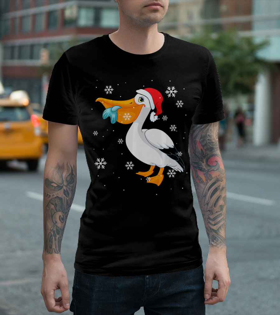 Santa Pelican with Snowflakes and Fish T-Shirt
