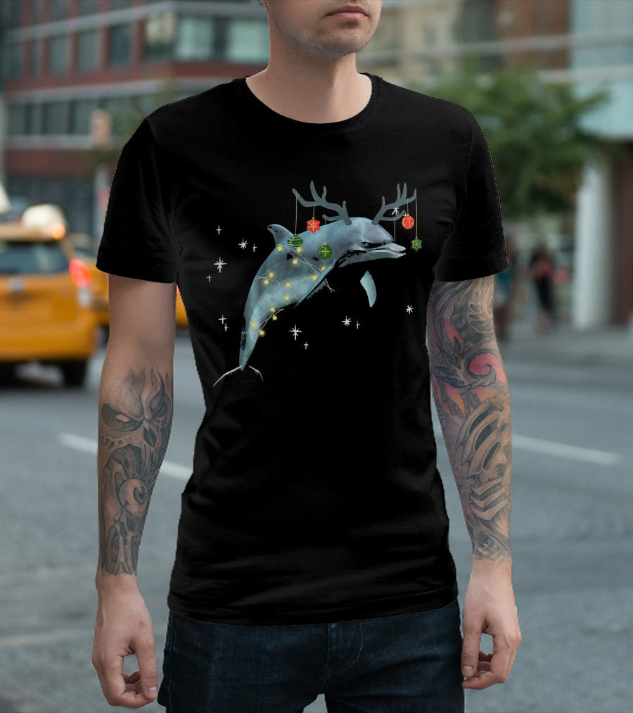 Santa Dolphin Reindeer Lights Holiday Ornaments T-Shirt