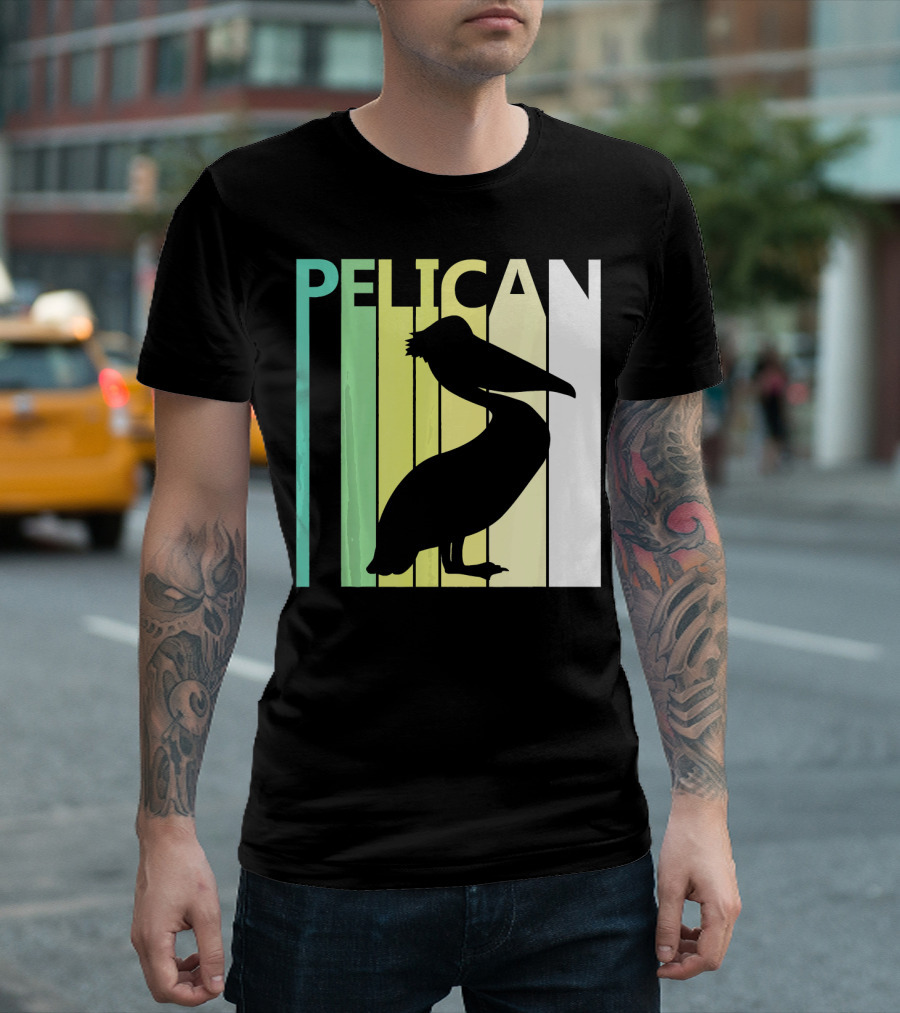 Pelican Bird Lover Silhouette Retro Stripes T-Shirt