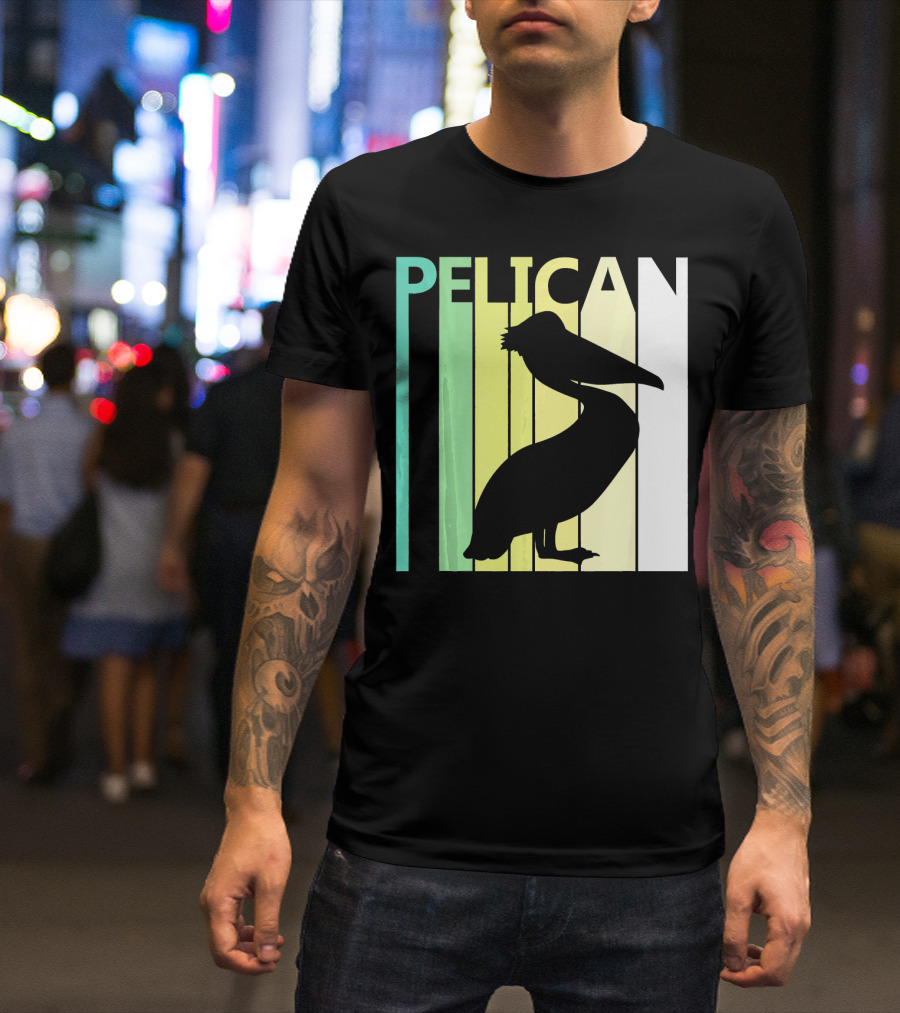 Pelican Bird Lover Silhouette Retro Stripes T-Shirt
