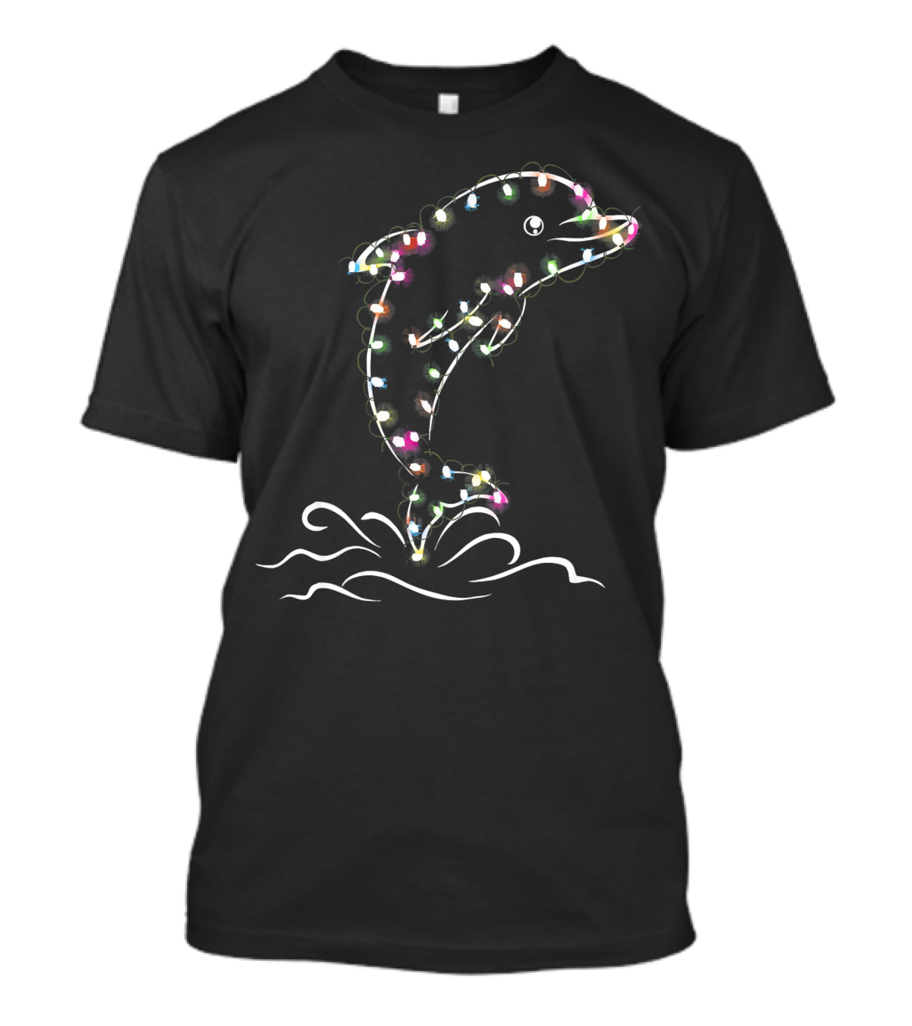 Tee89s Dolphin Jumping Wrapped In Colorful Lights T-Shirt