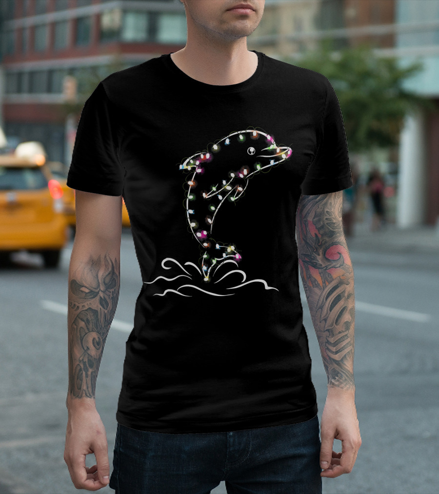 Tee89s Dolphin Jumping Wrapped In Colorful Lights T-Shirt