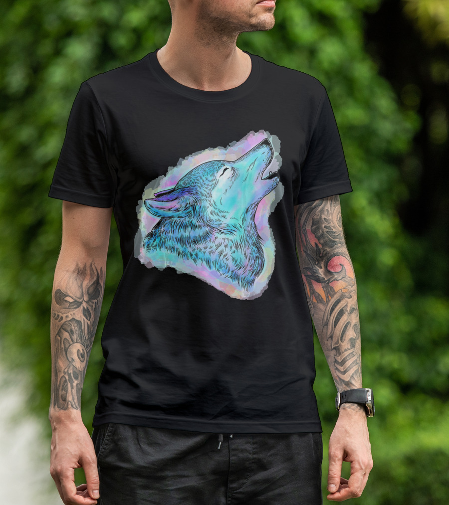 Watercolor Wolf Howling Love T-Shirt