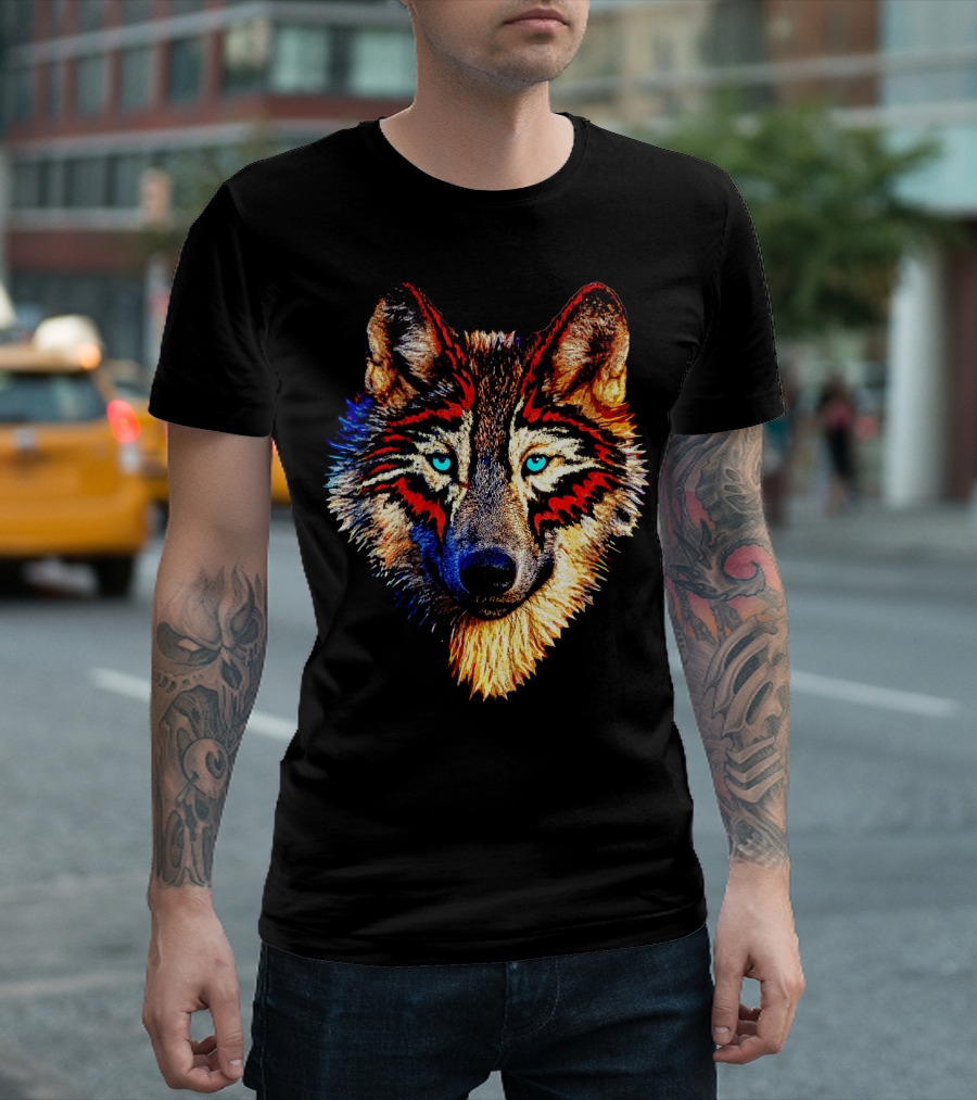 Wolf Spirit Animal Sacred Shaman Native Colorful Blue and Red Eyes T-Shirt