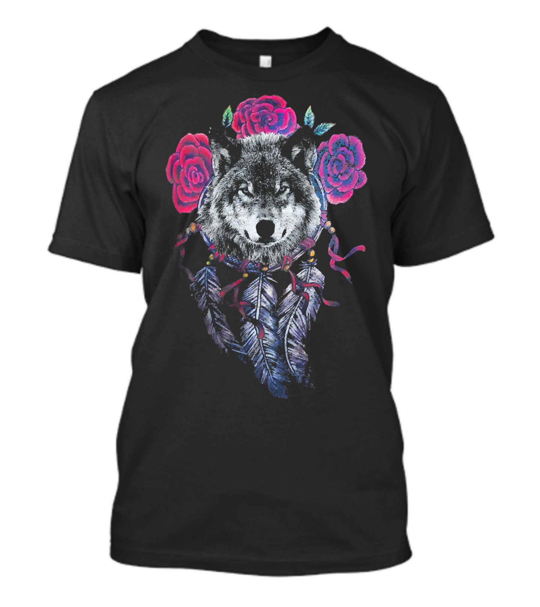 Wolf Dream Catcher Spiritual Feathers Roses T-Shirt