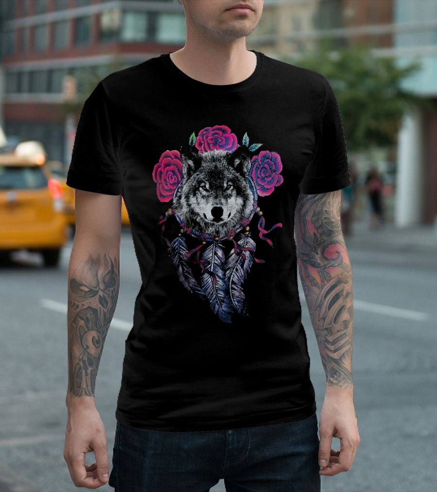 Wolf Dream Catcher Spiritual Feathers Roses T-Shirt
