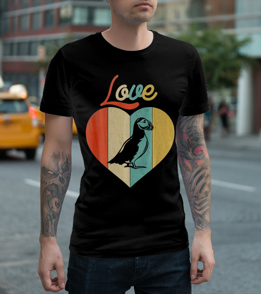 Love Puffin Vintage Retro Heart Stripes T-Shirt