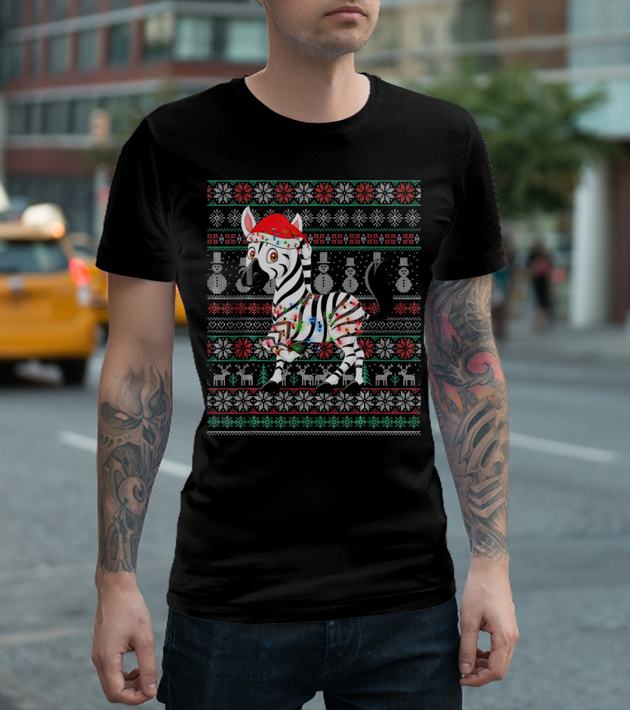 Zebra Santa With Lights Ugly Christmas Sweater Style Snowflakes Reindeer Snowmen T-Shirt