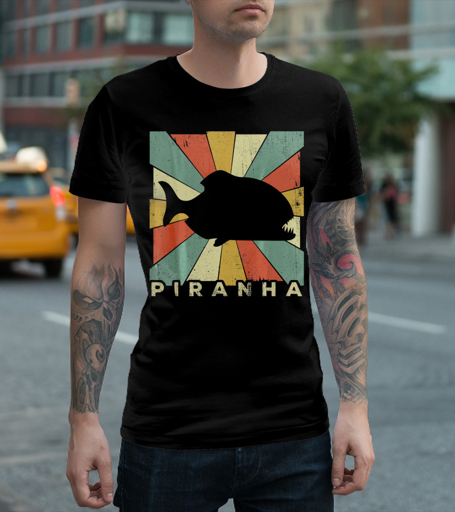 Piranha Silhouette in Vintage Retro Sunburst T-Shirt