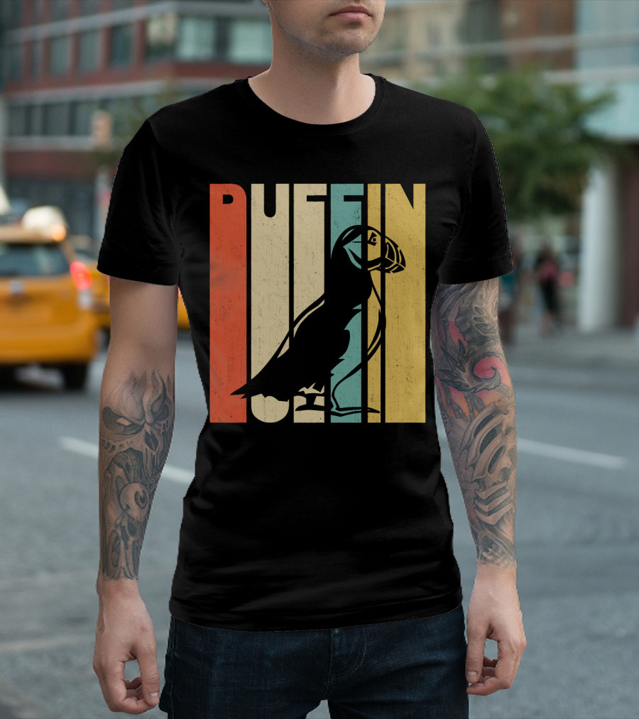 Vintage Retro Puffin Silhouette Stripes T-Shirt