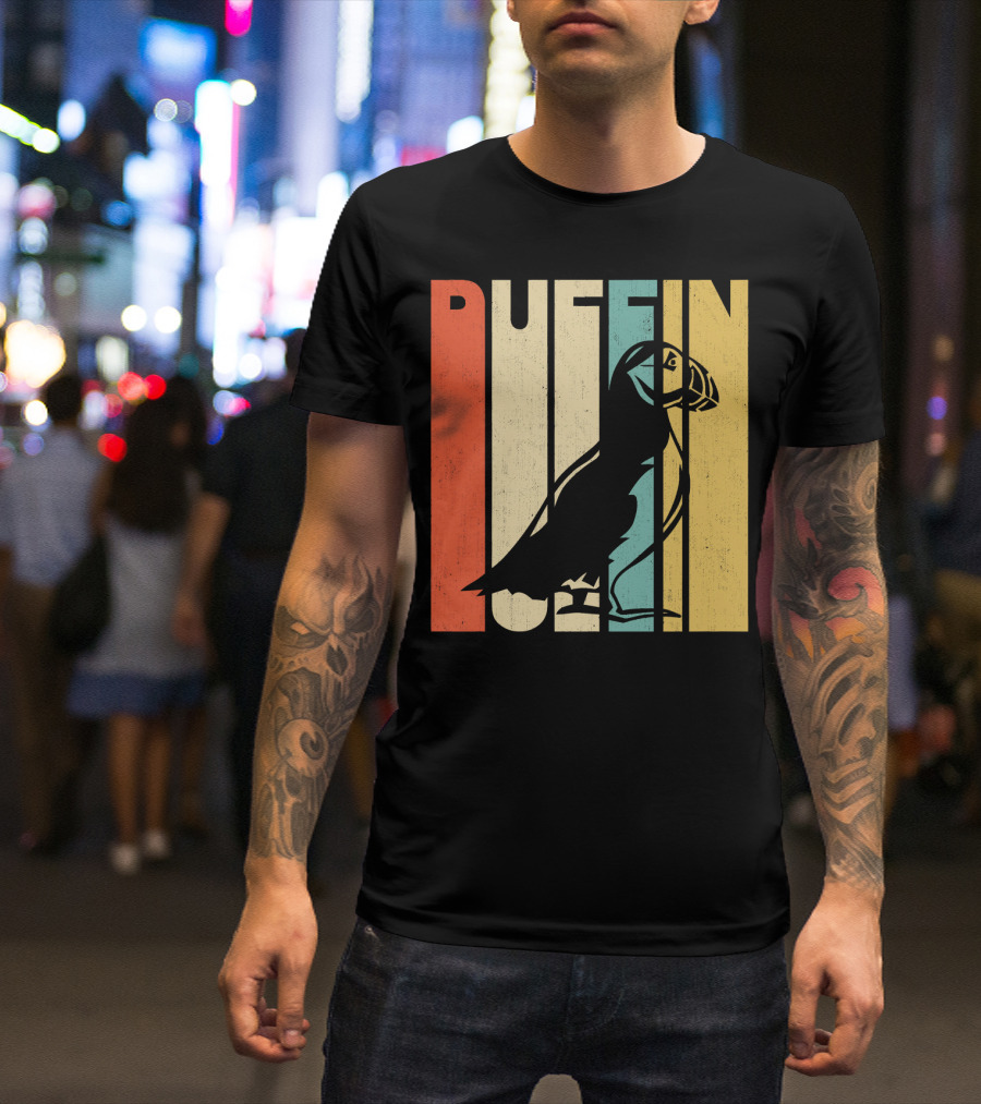 Vintage Retro Puffin Silhouette Stripes T-Shirt