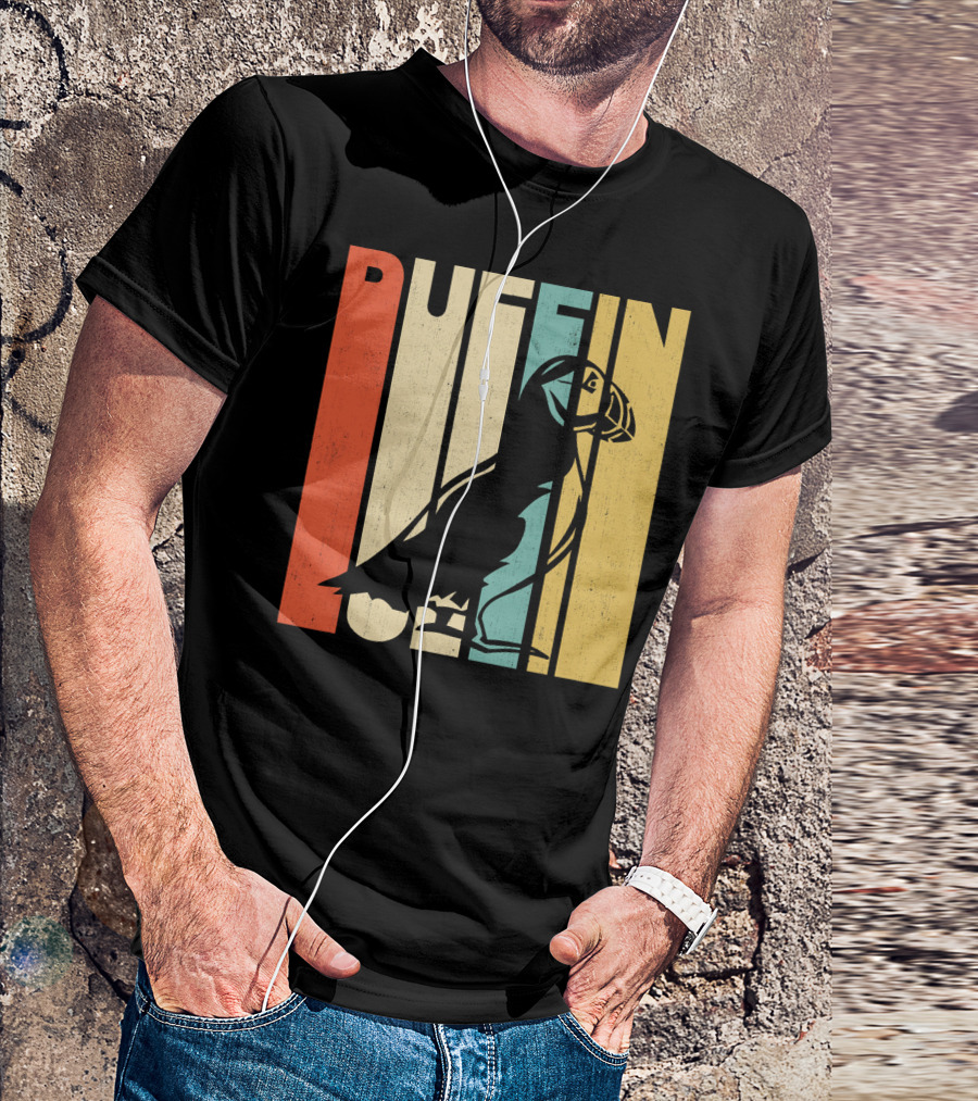 Vintage Retro Puffin Silhouette Stripes T-Shirt