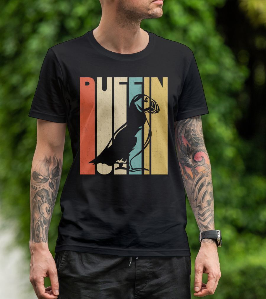 Vintage Retro Puffin Silhouette Stripes T-Shirt