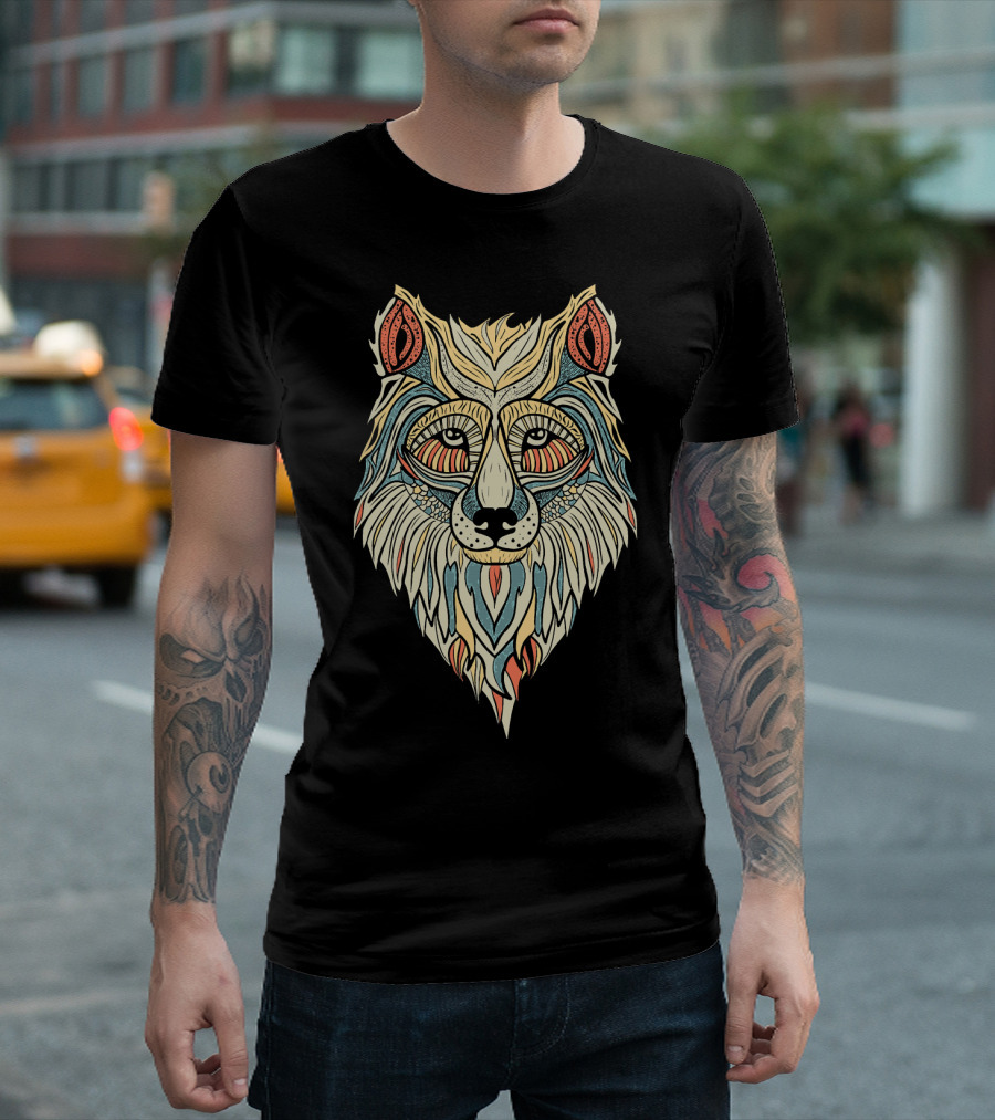 Wolf Head Face Artistic Graphic Intricate Design Colors T-Shirt