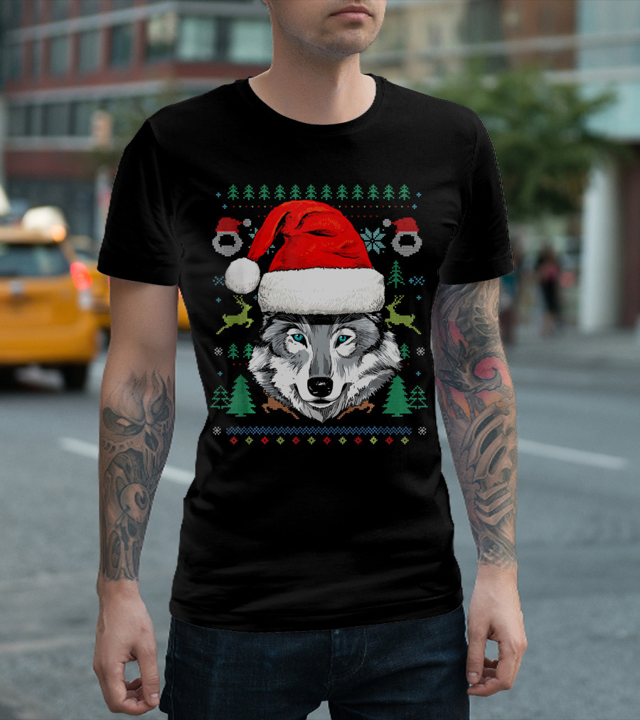 Wolf Santa Hat Reindeer Snowflakes Trees Ugly Christmas T-Shirt
