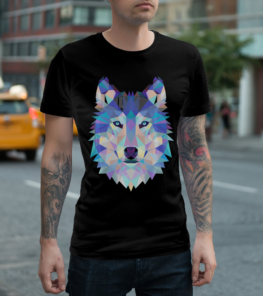 Wolf Geometric Howling Moon Animal Polygon Face T-Shirt