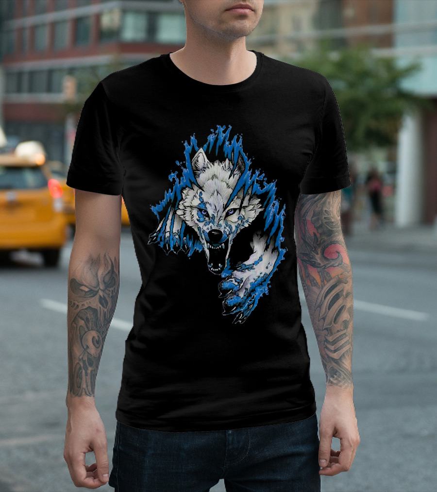 Wolf for Just Blue Flames Snarling Burst T-Shirt