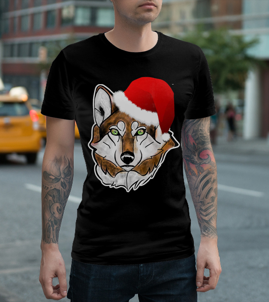 Wolf with Santa Hat T-Shirt