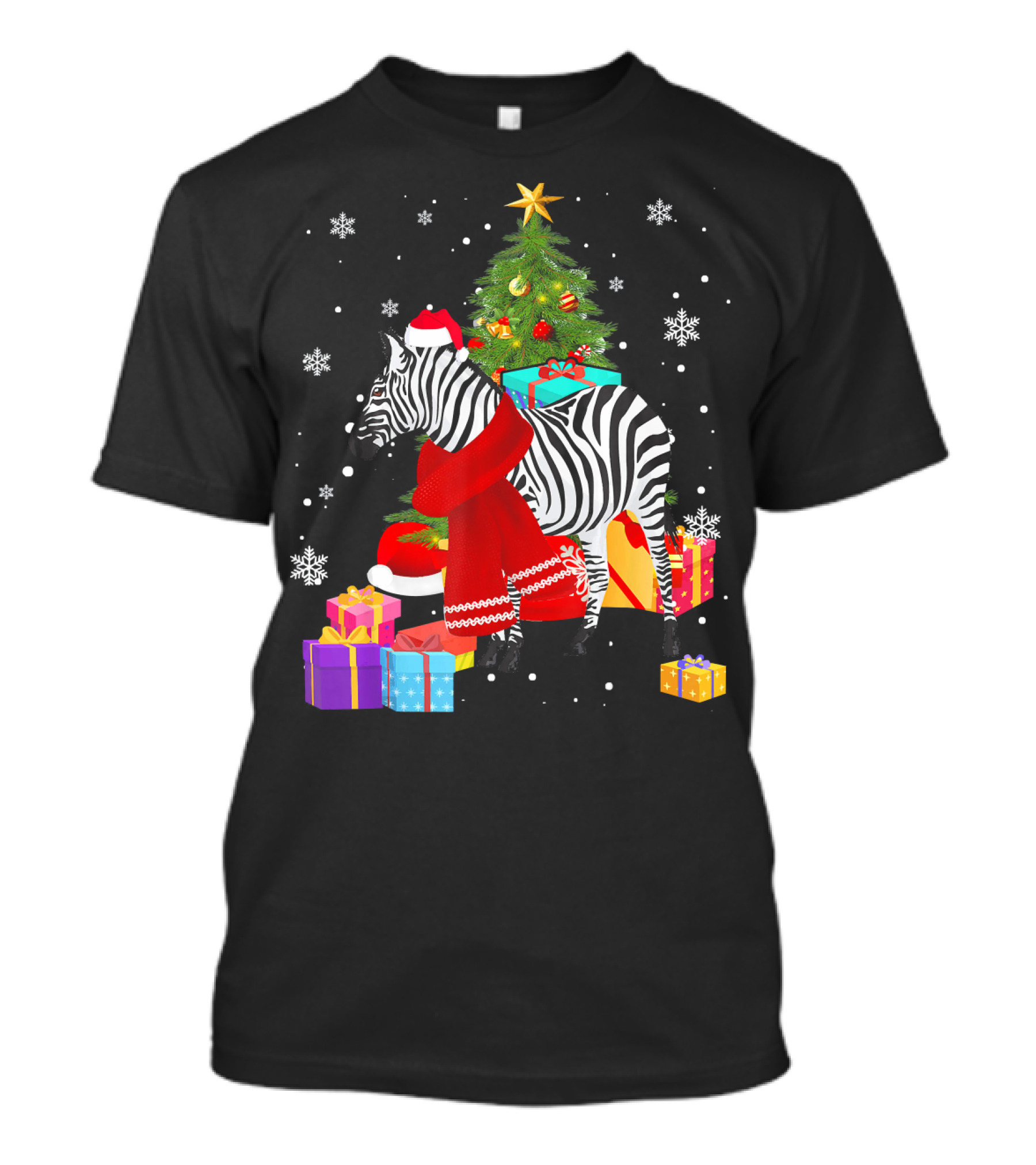 Zebra Christmas Color Lights Snowflakes Santa Hat Scarf Presents T-Shirt