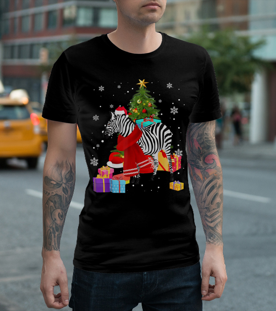 Zebra Christmas Color Lights Snowflakes Santa Hat Scarf Presents T-Shirt