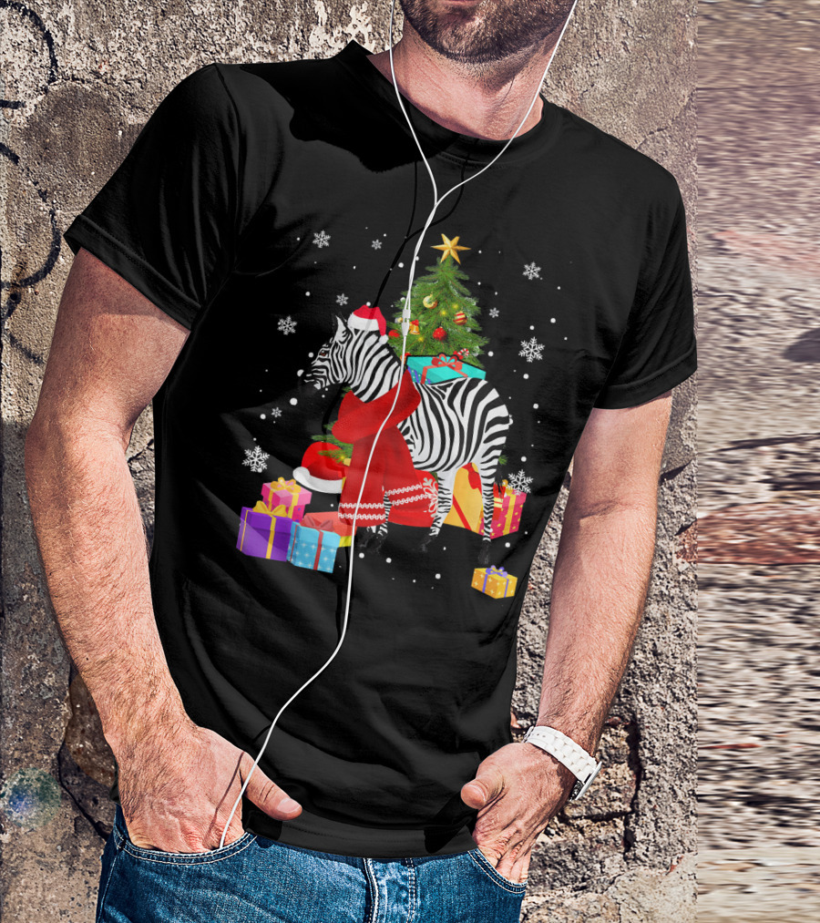 Zebra Christmas Color Lights Snowflakes Santa Hat Scarf Presents T-Shirt