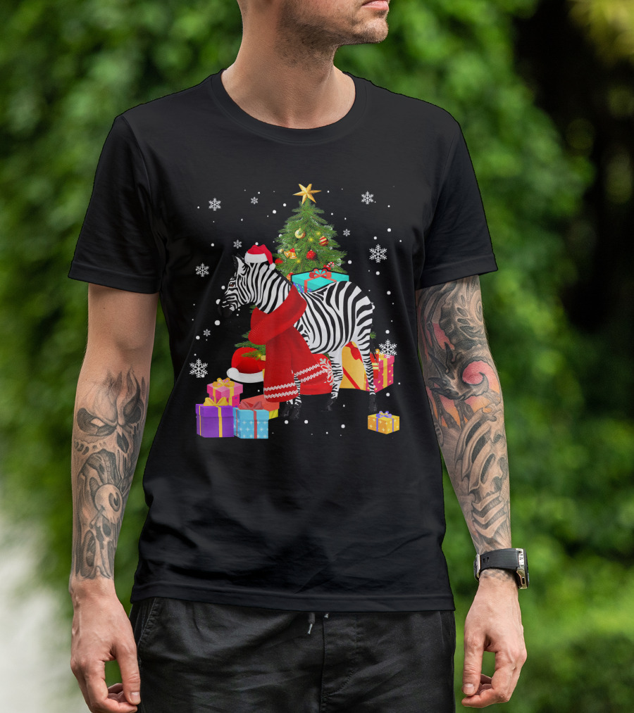 Zebra Christmas Color Lights Snowflakes Santa Hat Scarf Presents T-Shirt