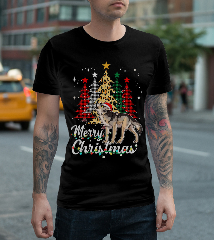 Merry Christmas Wolf with Santa Hat Buffalo Plaid Leopard Trees T-Shirt