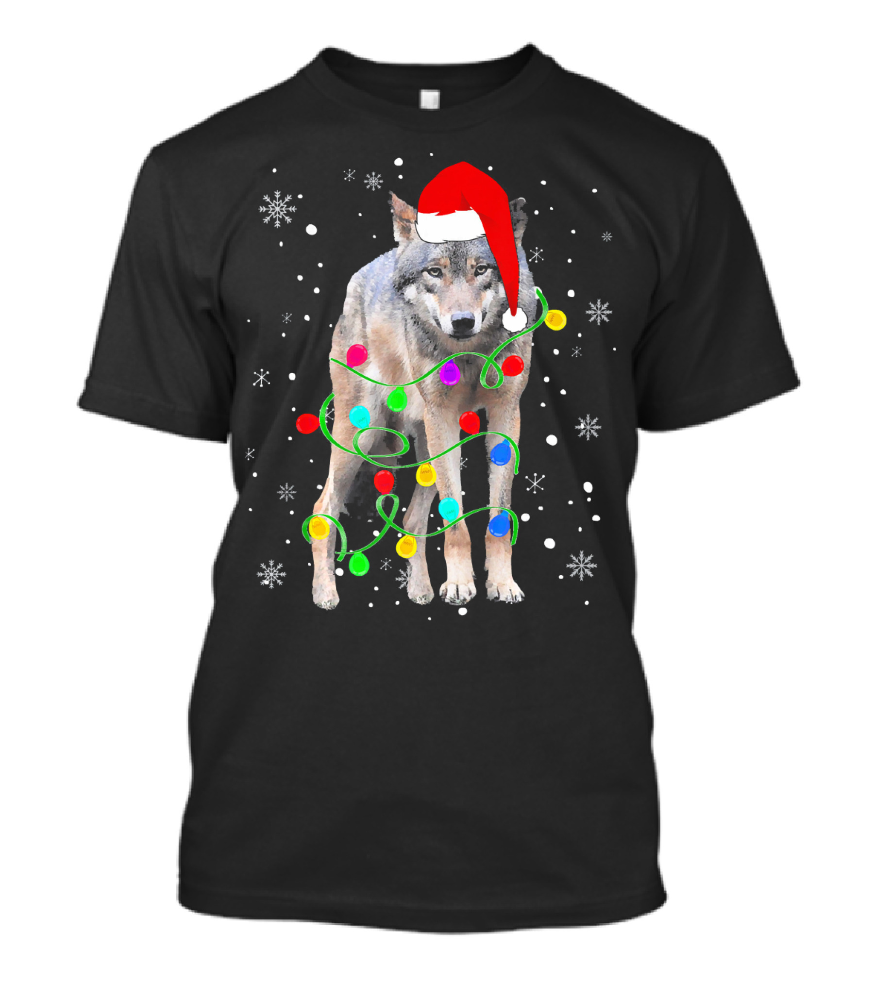 Wolf Wrapped In Christmas Lights Wearing Santa Hat With Snowflakes T-Shirt