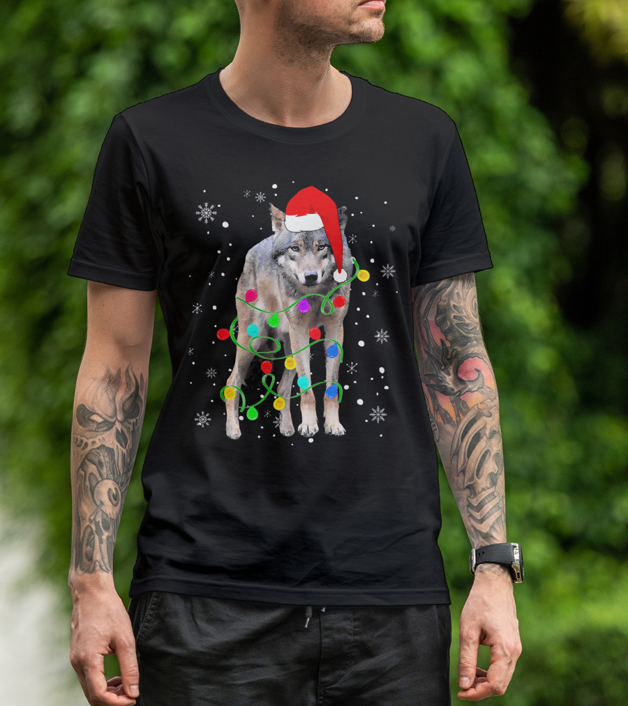 Wolf Wrapped In Christmas Lights Wearing Santa Hat With Snowflakes T-Shirt