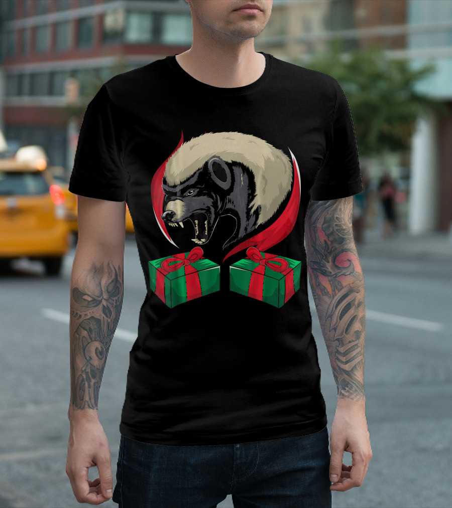 Xmas Christmas Honey Badger with Gifts and Red Ribbons T-Shirt
