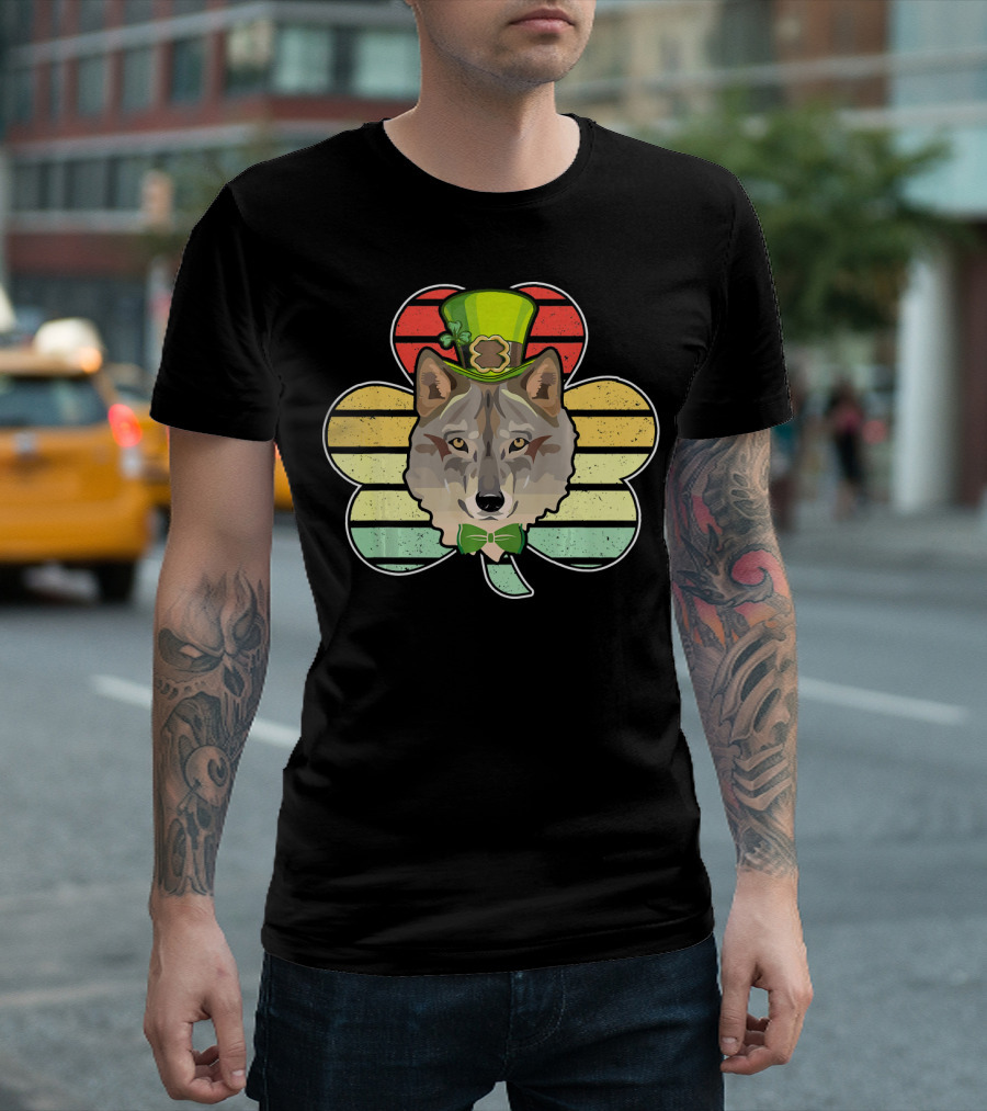 Wolves Leprechaun Vintage St Pat Shamrock Hat Bow Tie Stripes T-Shirt