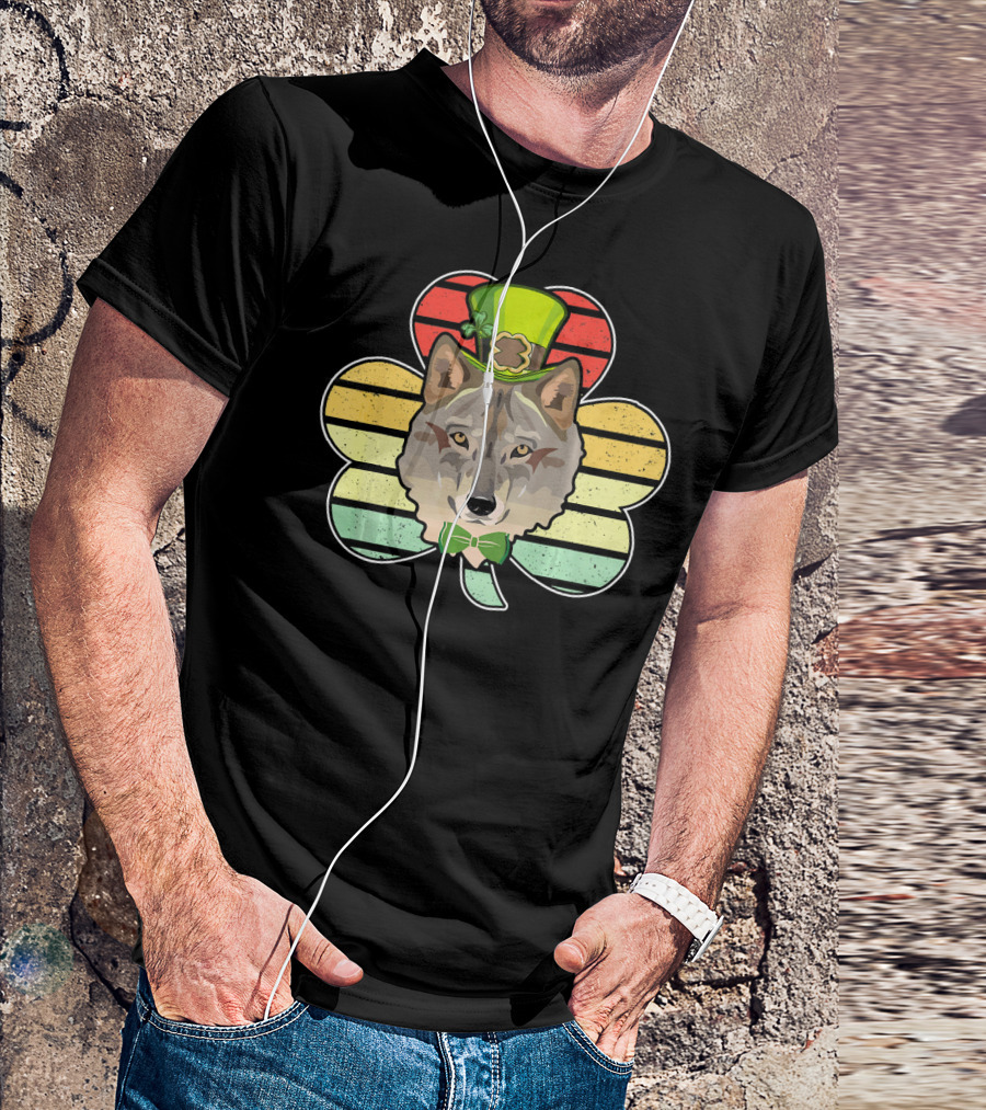 Wolves Leprechaun Vintage St Pat Shamrock Hat Bow Tie Stripes T-Shirt