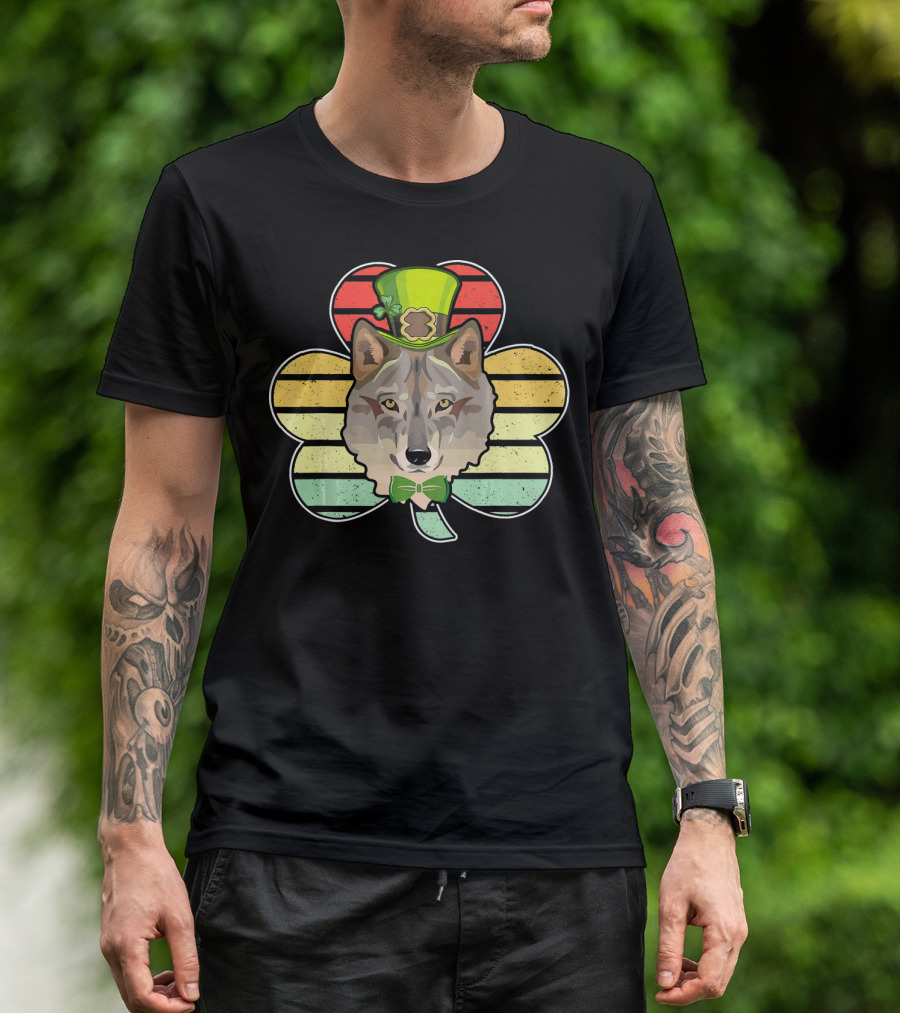 Wolves Leprechaun Vintage St Pat Shamrock Hat Bow Tie Stripes T-Shirt