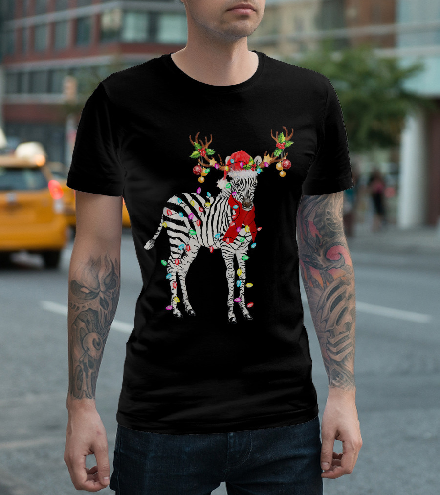 Zebra Wrapped in Christmas Lights with Santa Hat and Reindeer Antlers T-Shirt