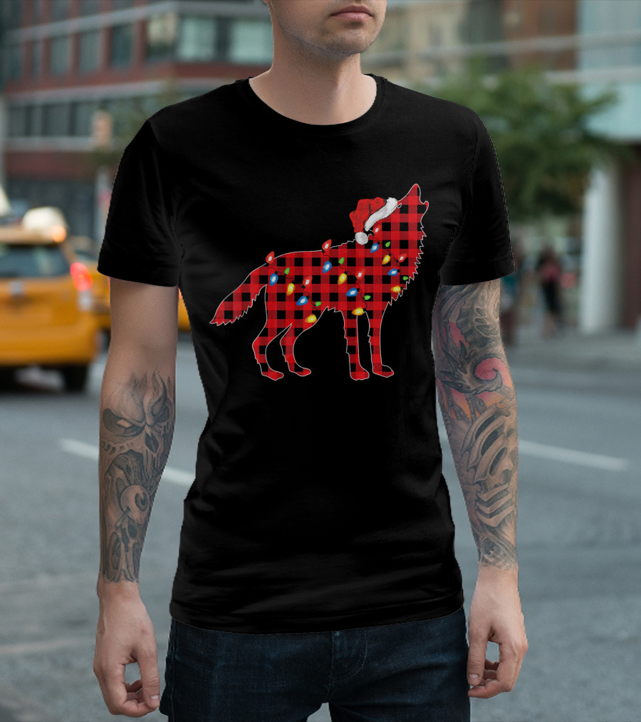 Wolf Family Matching Group Christmas Buffalo Plaid Santa Hat Lights T-Shirt