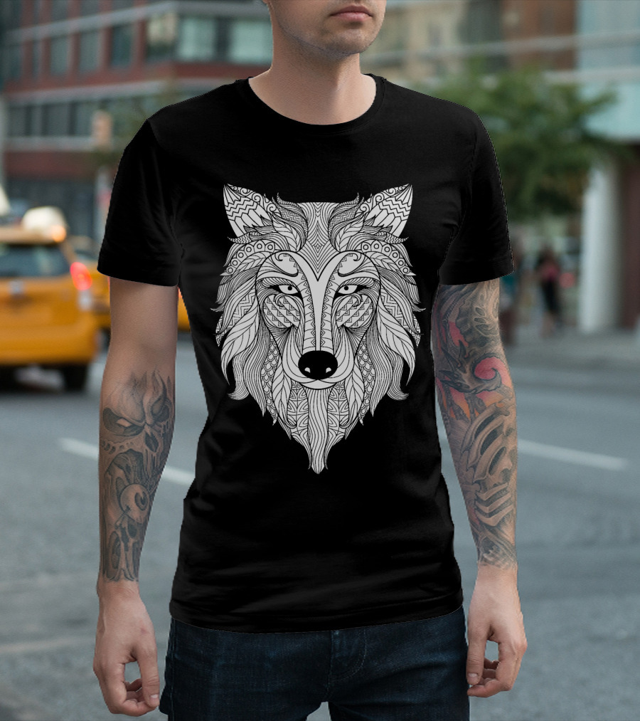 Wolf Color Your Own Colorific Tees Des Black and White Intricate Pattern Wolf Head T-Shirt