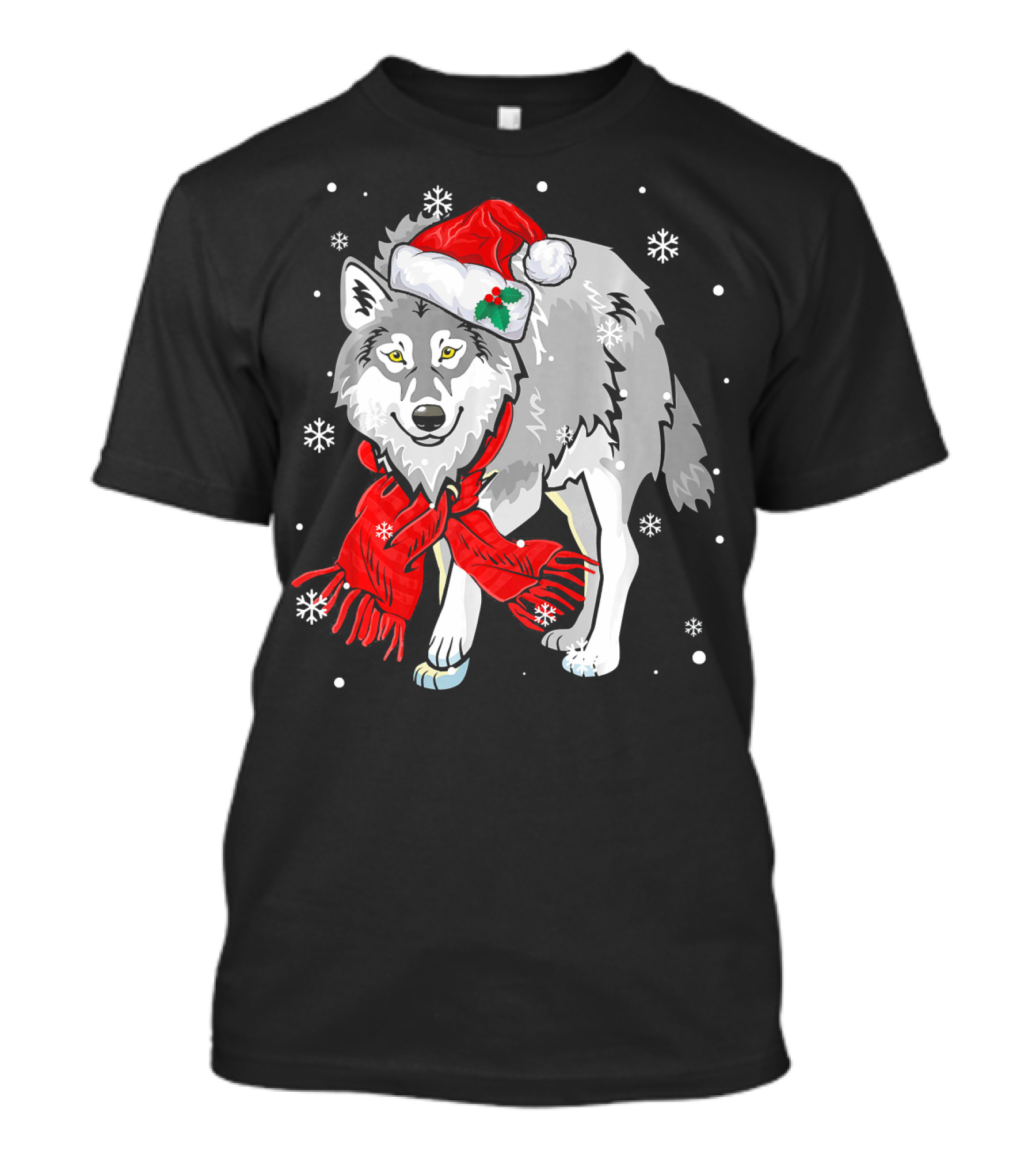 Wolf Wearing Santa Hat And Red Scarf With Snowflakes T-Shirt