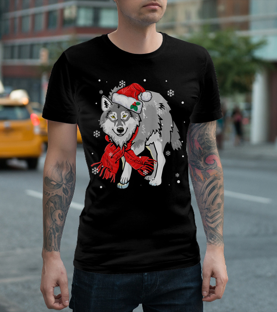 Wolf Wearing Santa Hat And Red Scarf With Snowflakes T-Shirt