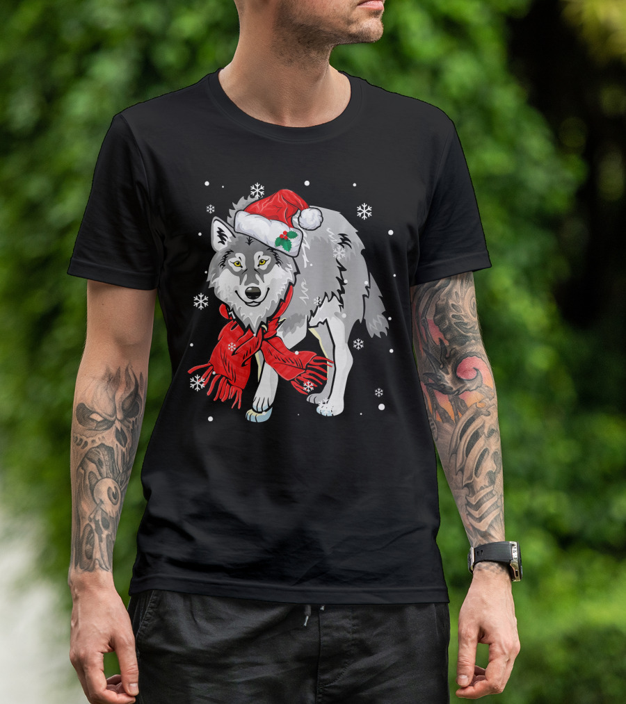 Wolf Wearing Santa Hat And Red Scarf With Snowflakes T-Shirt